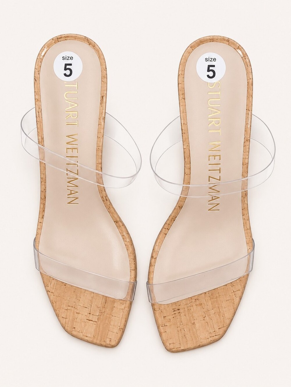 Stuart Weitzman Aleena 50 Clear PVC Cork Wedge Slide Sandals Size 5